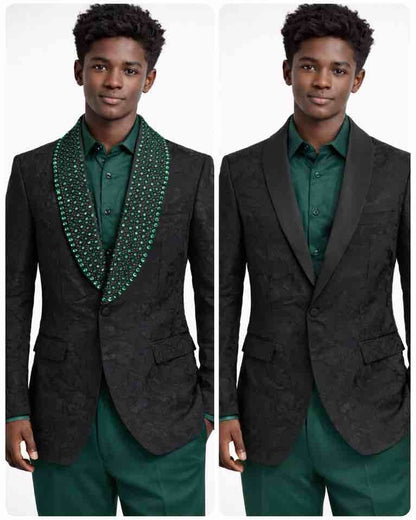 Mens Black Floral Tuxedo Jacket – Green Crystal Embellished Shawl Lapel Prom Blazer
