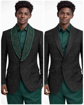Mens Black Floral Tuxedo Jacket – Green Crystal Embellished Shawl Lapel Prom Blazer