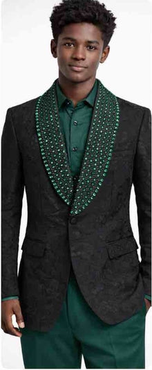Mens Black Floral Tuxedo Jacket – Green Crystal Embellished Shawl Lapel Prom Blazer