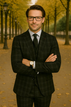Wool Suit - Italian Made Business Suit by Statement Men's 3 Piece 100% Wool Modern Fit Suit - Plaid Pattern