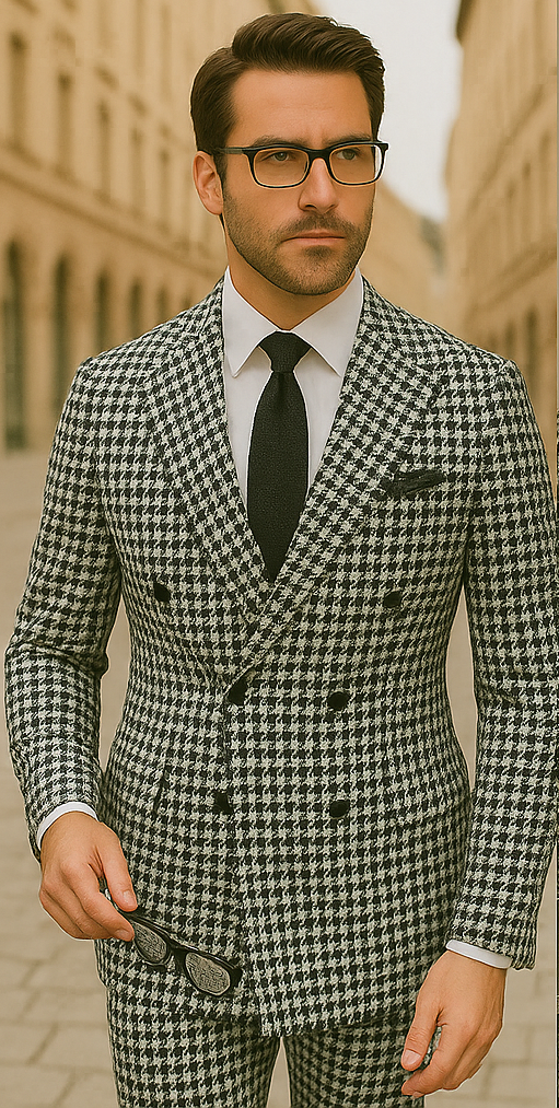 Wool Suit - Italian Made Business Suit by Statement Men's 2 Piece 100% Wool Double Breasted Suit - Houndstooth Pattern  Modern Fit