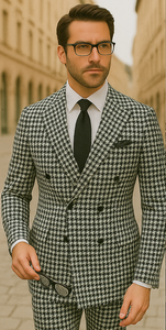 Wool Suit - Italian Made Business Suit by Statement Men's 2 Piece 100% Wool Double Breasted Suit - Houndstooth Pattern