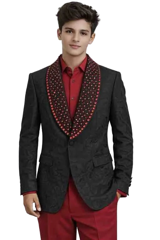 Mens Black Jacquard Rhinestone Shawl Lapel Blazer – Slim Fit Luxury Designer Tuxedo Style Jacket for Wedding and Party Wear