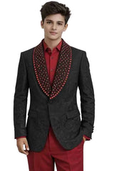 Mens Black Jacquard Rhinestone Shawl Lapel Blazer – Slim Fit Luxury Designer Tuxedo Style Jacket for Wedding and Party Wear