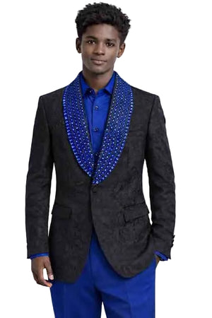 Mens Black Designer Blazer with Gold Studded Shawl Lapel – Slim Fit Luxury Fashion Jacket