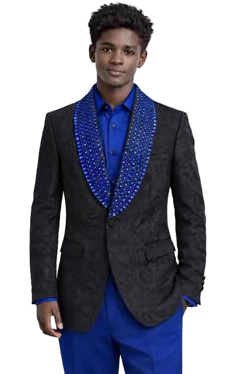 Mens Black Designer Blazer with Gold Studded Shawl Lapel – Slim Fit Luxury Fashion Jacket