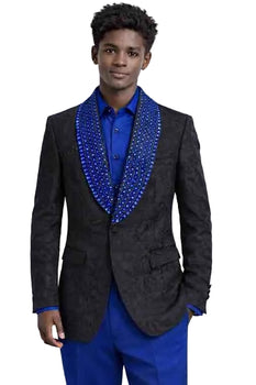 Mens Black Designer Blazer with Gold Studded Shawl Lapel – Slim Fit Luxury Fashion Jacket