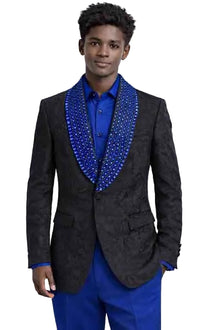 Mens Black Floral Prom Blazer with Royal Blue Crystal Shawl Lapel – Slim Fit Fashion Jacket