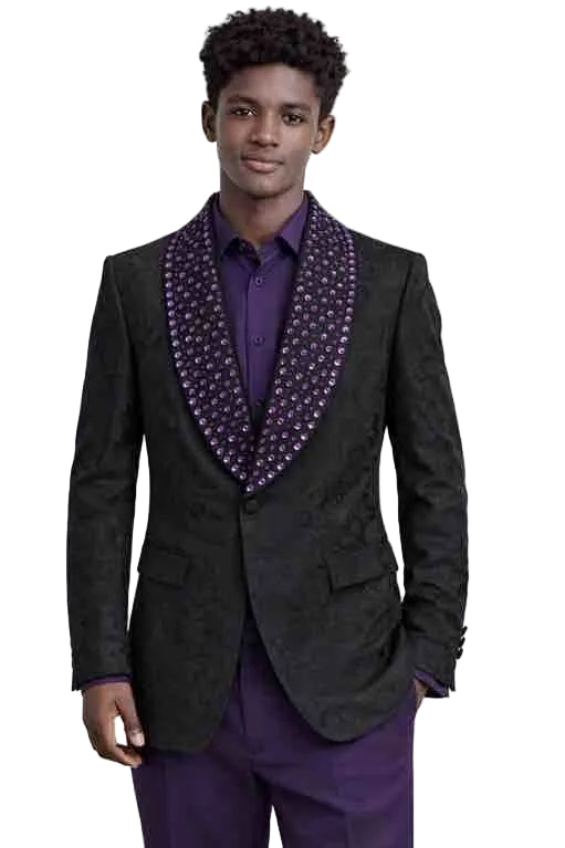 Mens Black Designer Blazer with Gold Studded Shawl Lapel – Slim Fit Luxury Fashion Jacket