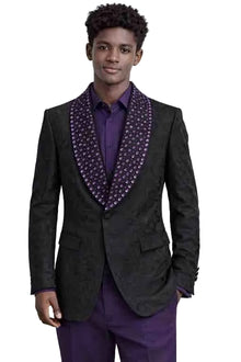 Mens Black Floral Tuxedo Blazer With Purple Paisley Shawl Lapel – Slim Fit Prom Wedding Jacket