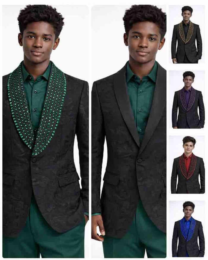 Mens Black Designer Blazer with Gold Studded Shawl Lapel – Slim Fit Luxury Fashion Jacket