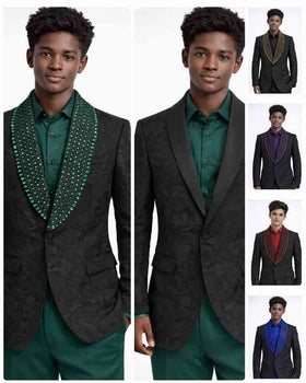 Mens Black Designer Blazer with Gold Studded Shawl Lapel – Slim Fit Luxury Fashion Jacket