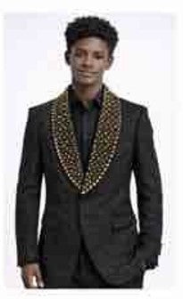Mens Black Designer Blazer with Gold Studded Shawl Lapel – Slim Fit Luxury Fashion Jacket