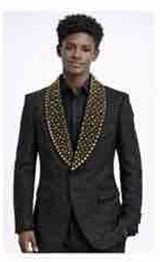 Mens Black Designer Blazer with Gold Studded Shawl Lapel – Slim Fit Luxury Fashion Jacket