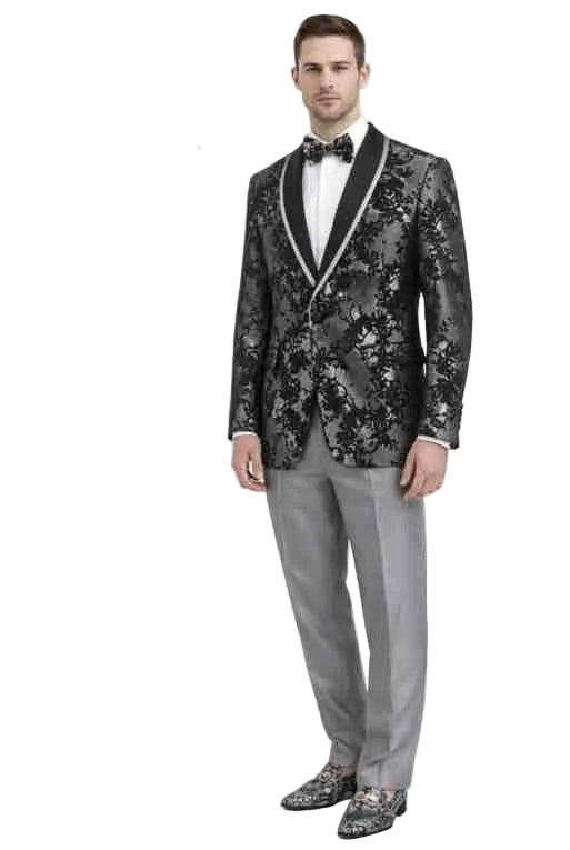 Mens Black Floral Paisley Tuxedo Blazer – Slim Fit Shawl Lapel Prom Wedding Dinner Jacket