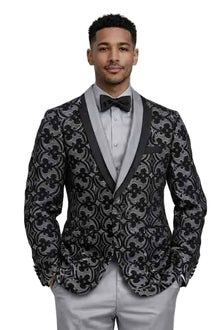 Mens Luxury Black and Silver Floral Pattern Tuxedo Blazer – Shawl Lapel Designer Dinner Jacket