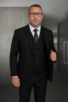 Wool Suit - Italian Made Business Suit by Statement Men's 3 Piece 100% Wool Fashion Suit - Herringbone Stripes