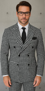 Wool Suit - Italian Made Business Suit by Statement Men's 2 Piece 100% Wool Double Breasted Suit - Houndstooth Pattern