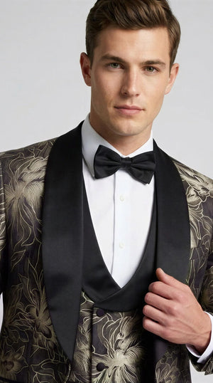 Men's Black & Gold Floral Shawl Lapel Tuxedo Set for Wedding & Prom