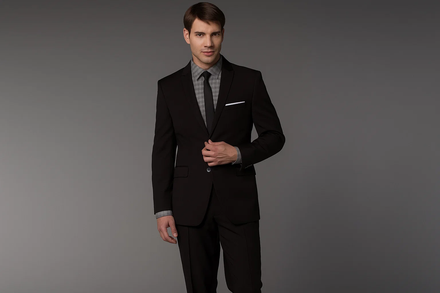 Men's Slim Fitted Cut Black 1/2 button Cheap Priced Business Suits Clearance Sale + Skinny Tie - Image 2