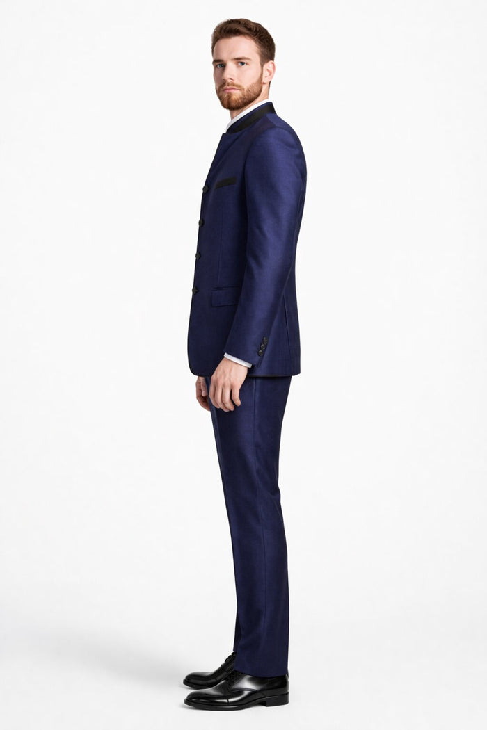 Wedding Groom Suit - Prom Tuxedo Suit - No Collar Weddig Tuxedo - Blue