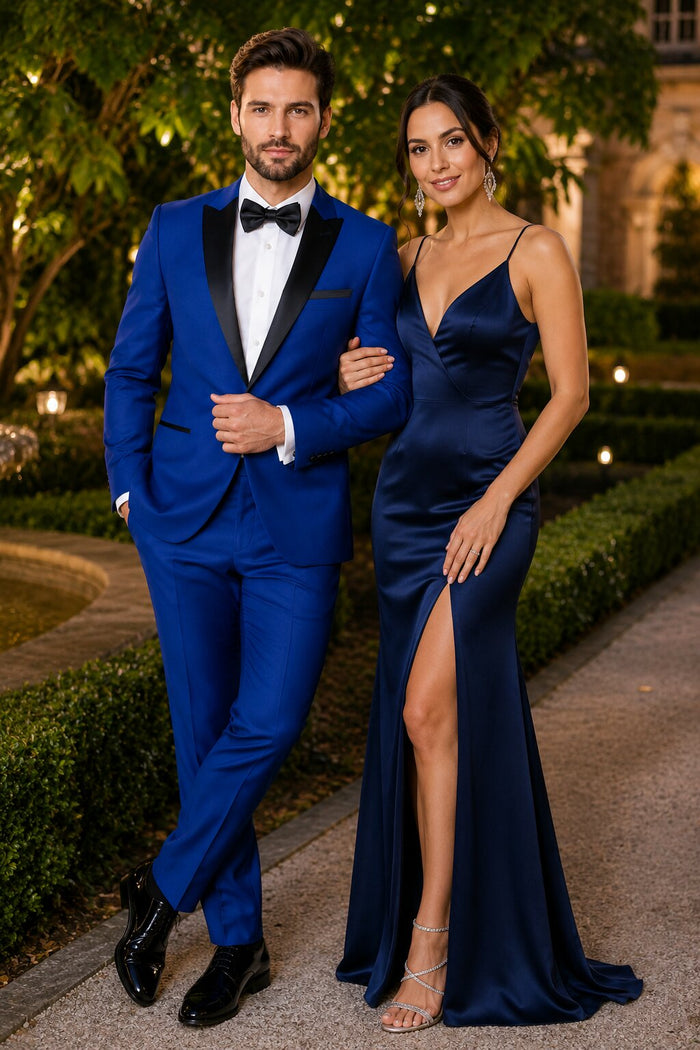 Men'S 1 Button Royal Blue Tuxedo Black Lapeled Dress Suits For Men Dinner Jacket