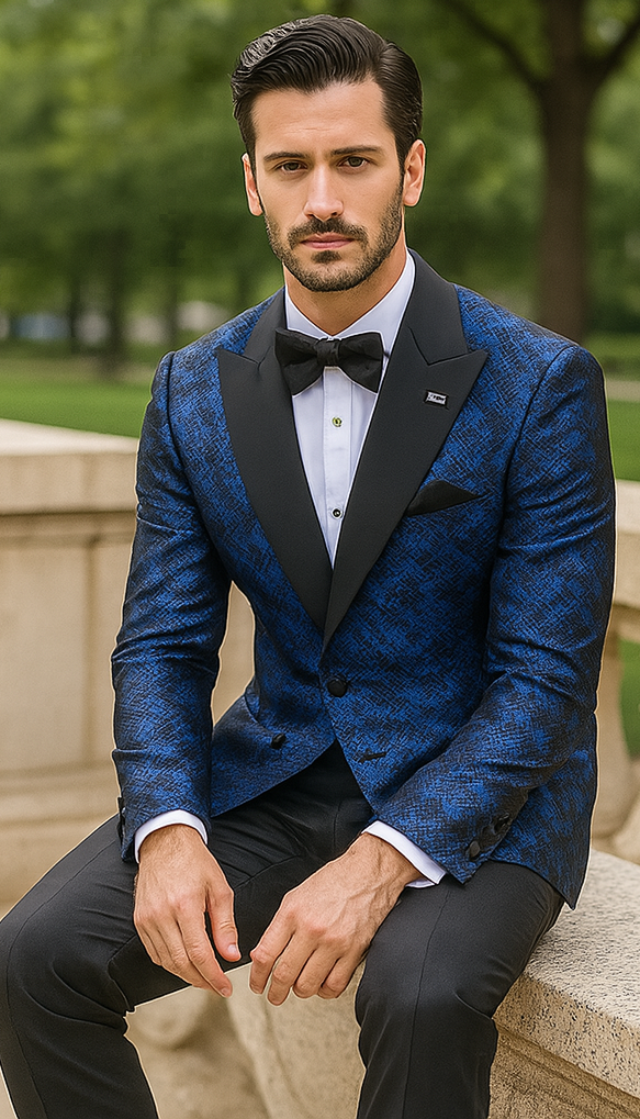 Blue Double Breasted Rough Streak Pattern Satin Peak Lapel Stacy Adams Men's Jacket - Image 3