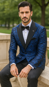 Blue Double Breasted Rough Streak Pattern Satin Peak Lapel Stacy Adams Men's Jacket