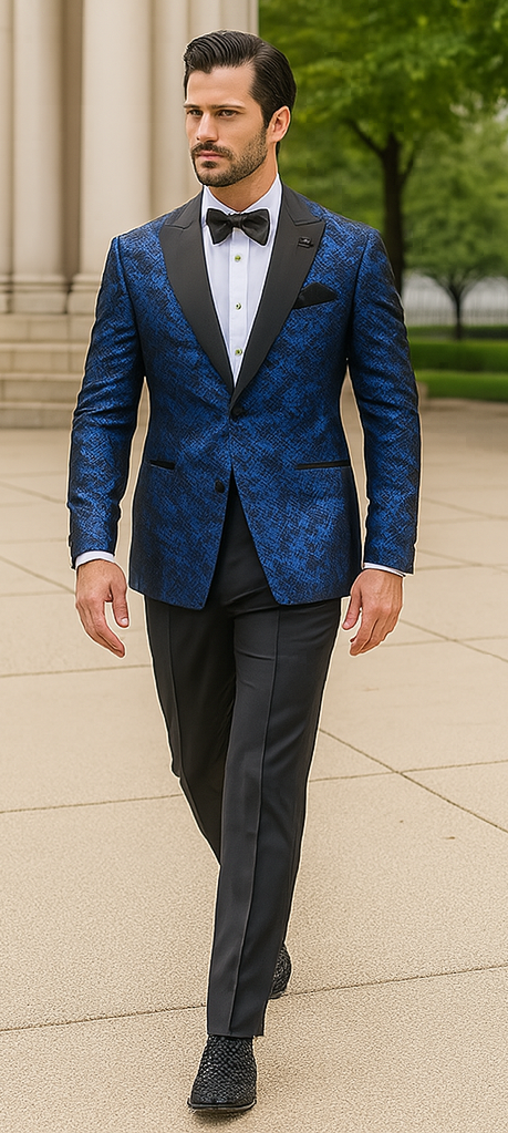 Blue Double Breasted Rough Streak Pattern Satin Peak Lapel Stacy Adams Men's Jacket - Image 4