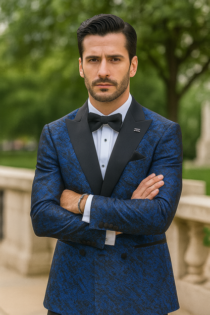 Blue Double Breasted Rough Streak Pattern Satin Peak Lapel Stacy Adams Men's Jacket - Image 5