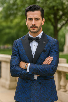 Blue Double Breasted Rough Streak Pattern Satin Peak Lapel Stacy Adams Men's Jacket - Image 5