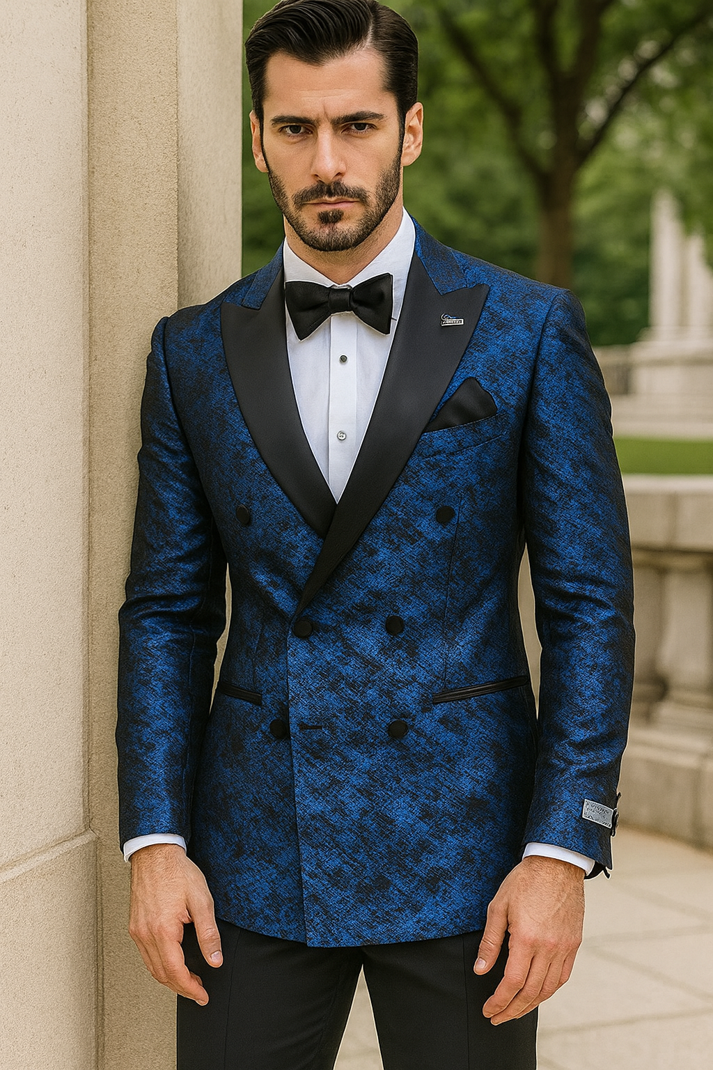 Blue Double Breasted Rough Streak Pattern Satin Peak Lapel Stacy Adams Men's Jacket - Image 7
