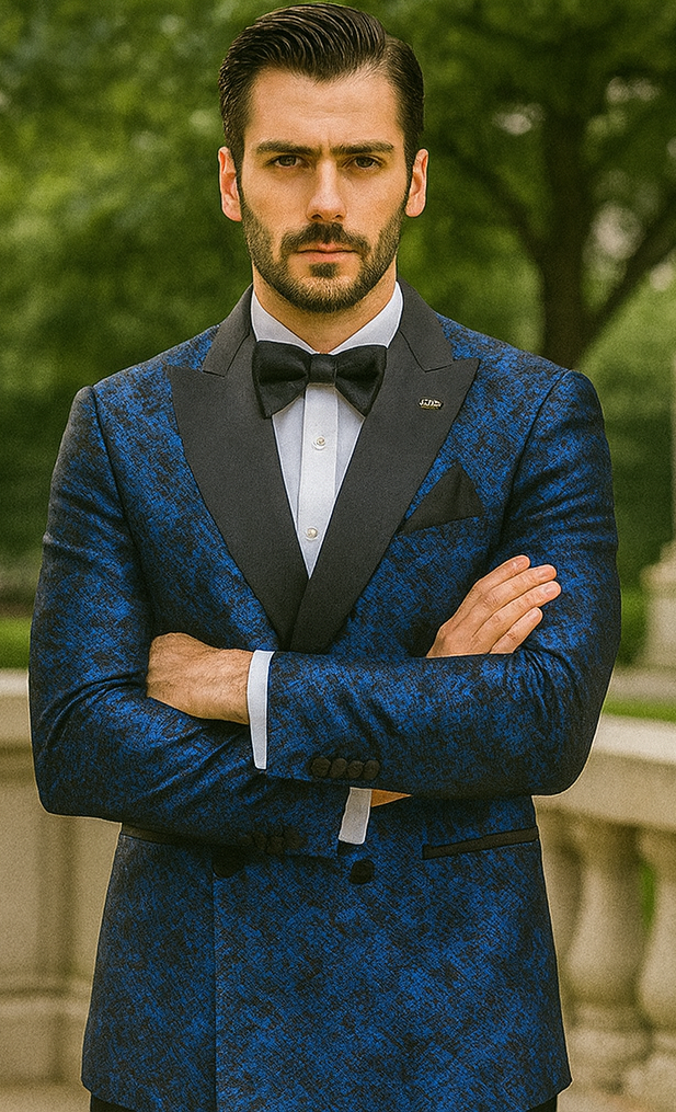 Blue Double Breasted Rough Streak Pattern Satin Peak Lapel Stacy Adams Men's Jacket - Image 6
