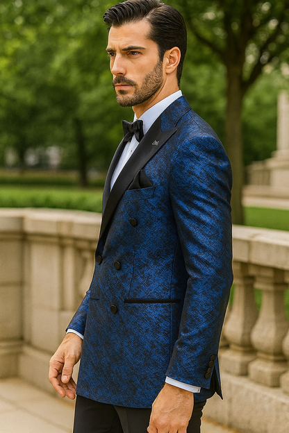 Blue Double Breasted Rough Streak Pattern Satin Peak Lapel Stacy Adams Men's Jacket - Image 8
