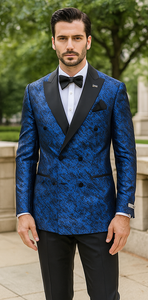 Blue Double Breasted Rough Streak Pattern Satin Peak Lapel Stacy Adams Men's Jacket