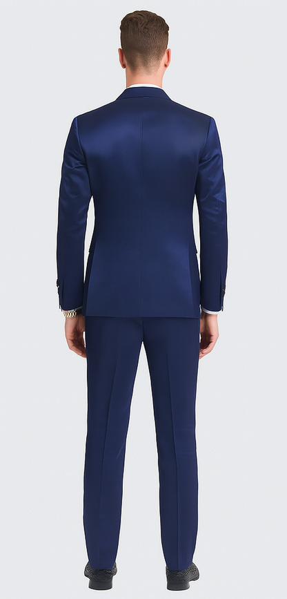 Men's Blue Satin Slim Fit Tazzio 3 Piece Suit with Double Breasted Vest and Peak Lapel Jacket - Image 4