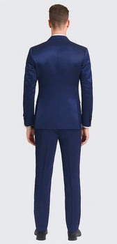 Men's Blue Satin Slim Fit Tazzio 3 Piece Suit with Double Breasted Vest and Peak Lapel Jacket - Image 4