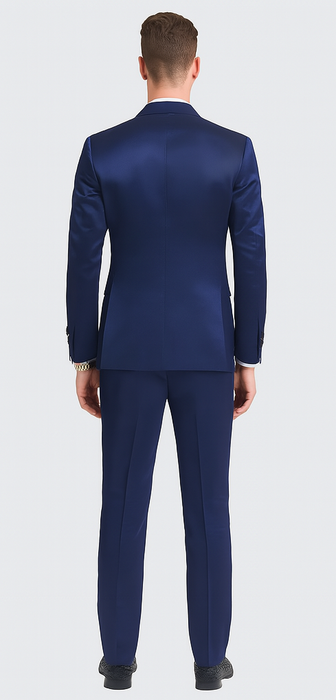 Men's Blue Satin Slim Fit Tazzio 3 Piece Suit with Double Breasted Vest and Peak Lapel Jacket