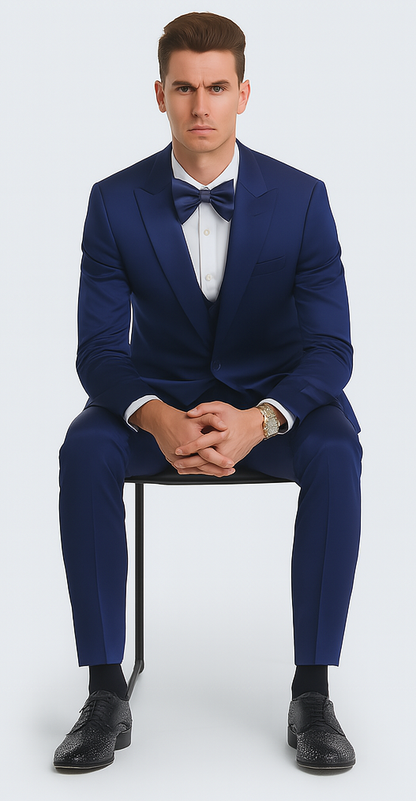 Men's Blue Satin Slim Fit Tazzio 3 Piece Suit with Double Breasted Vest and Peak Lapel Jacket - Image 5