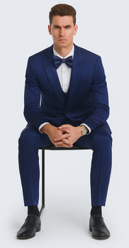 Men's Blue Satin Slim Fit Tazzio 3 Piece Suit with Double Breasted Vest and Peak Lapel Jacket - Image 5