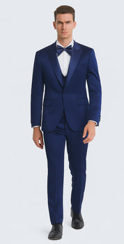 Men's Blue Satin Slim Fit Tazzio 3 Piece Suit with Double Breasted Vest and Peak Lapel Jacket - Image 6