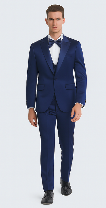 Men's Blue Satin Slim Fit Tazzio 3 Piece Suit with Double Breasted Vest and Peak Lapel Jacket
