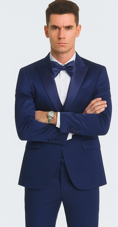 Men's Blue Satin Slim Fit Tazzio 3 Piece Suit with Double Breasted Vest and Peak Lapel Jacket - Image 2