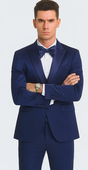 Men's Blue Satin Slim Fit Tazzio 3 Piece Suit with Double Breasted Vest and Peak Lapel Jacket - Image 2