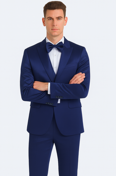 Men's Blue Satin Slim Fit Tazzio 3 Piece Suit with Double Breasted Vest and Peak Lapel Jacket