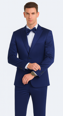 Men's Blue Satin Slim Fit Tazzio 3 Piece Suit with Double Breasted Vest and Peak Lapel Jacket