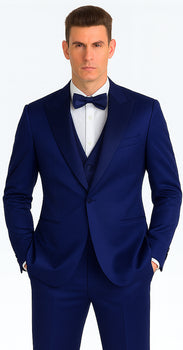 Men's Blue Satin Slim Fit Tazzio 3 Piece Suit with Double Breasted Vest and Peak Lapel Jacket - Image 7