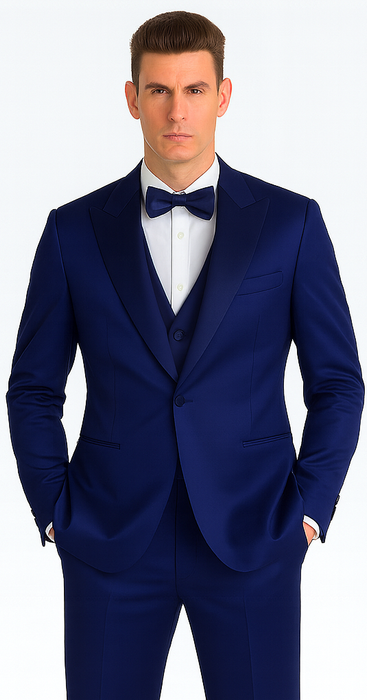 Men's Blue Satin Slim Fit Tazzio 3 Piece Suit with Double Breasted Vest and Peak Lapel Jacket
