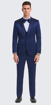 Men's Blue Satin Slim Fit Tazzio 3 Piece Suit with Double Breasted Vest and Peak Lapel Jacket - Image 3