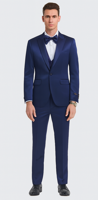 Men's Blue Satin Slim Fit Tazzio 3 Piece Suit with Double Breasted Vest and Peak Lapel Jacket